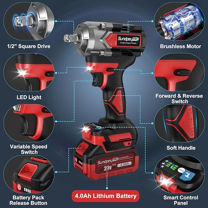 Cordless Impact Wrench 750Ft-lbs - 1000N·m Power Impact Gun 1/2 Inch - 21V 2600RPM Brushless Electric Impact Wrench with 4.0Ah Battery & Socket & Fast Charger & Sturdy Case for Car Home DIY