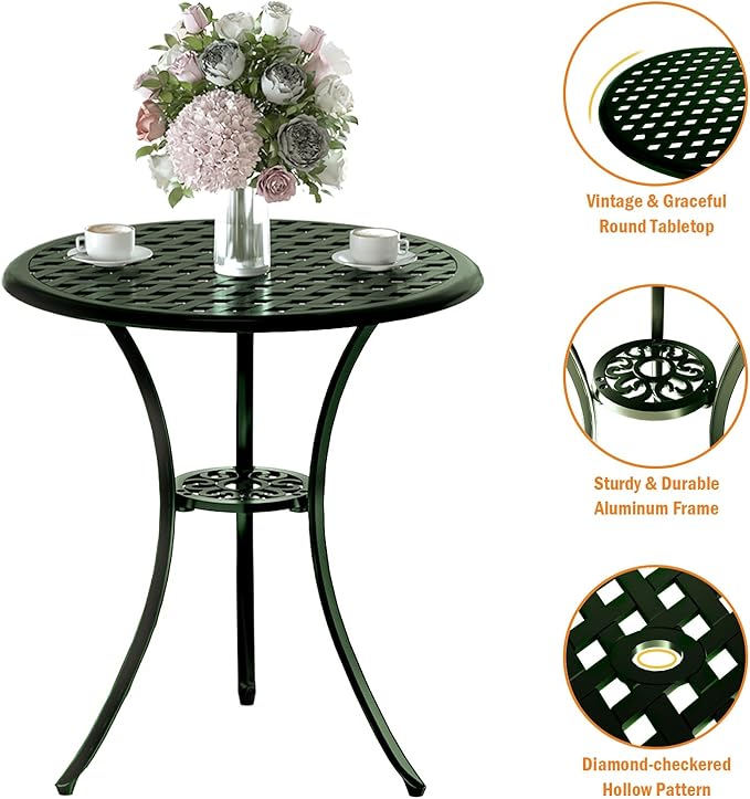 Patio Bistro Set 3 Piece, Cast Aluminum Bistro Set for 2 w/Umbrella Hole, Outdoor Table and Chairs Set of 2, Bistro Set for Balcony/Backyard/Garden, Green