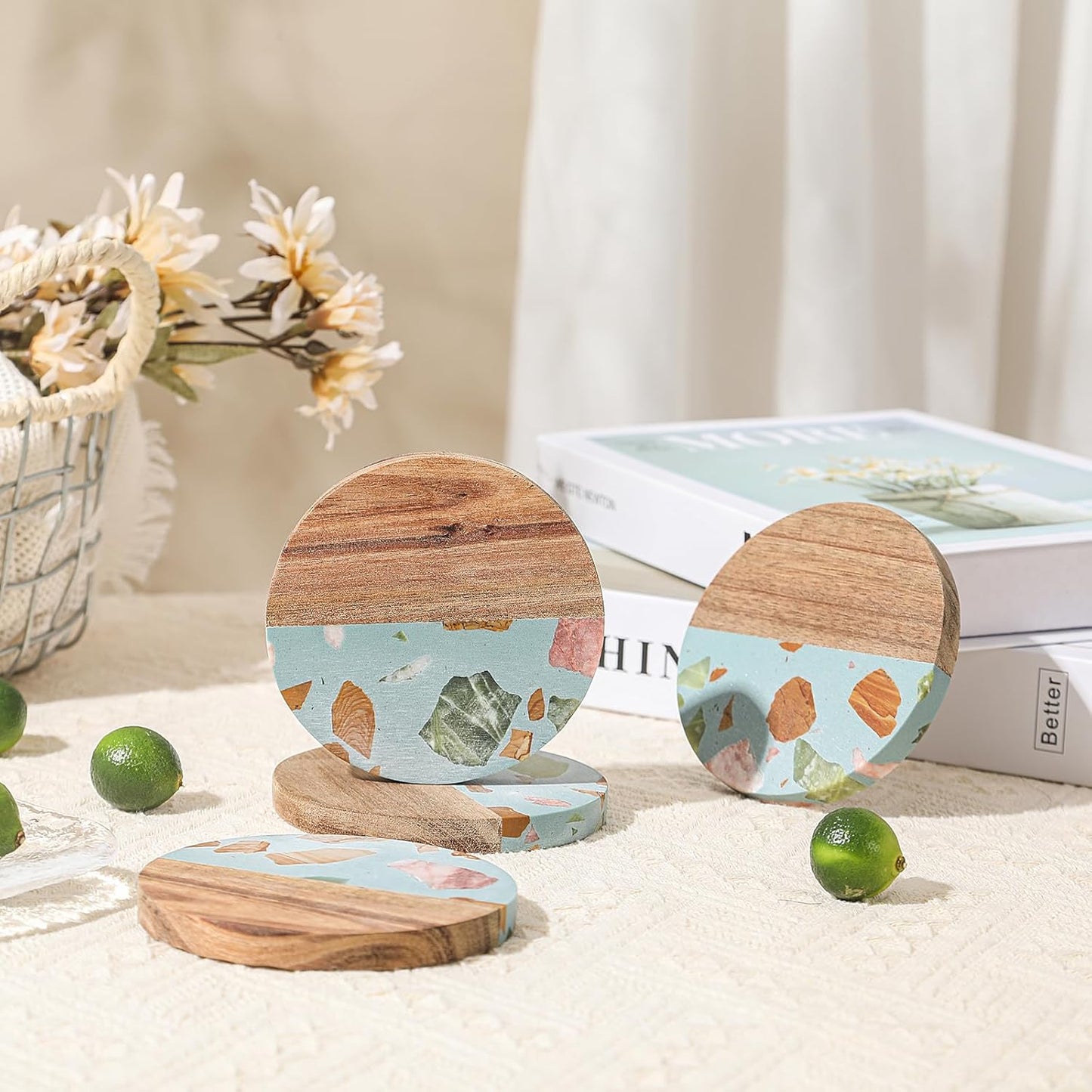 Drink Acacia Wood-Marble Coasters Set of 4,Cup Coaster for Coffee,Beverage,Cute Modern Cool Coasters for Home Decor,Table Desk Coaster Set for Housewarming,Living Room Decor (Green-Wooden)