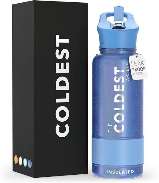 Coldest Sports Water Bottle with Straw Lid Vacuum Insulated Stainless Steel Metal Thermos Bottles Reusable Leak Proof Flask for Sports Gym (32 oz, Galactic Blue Glitter)