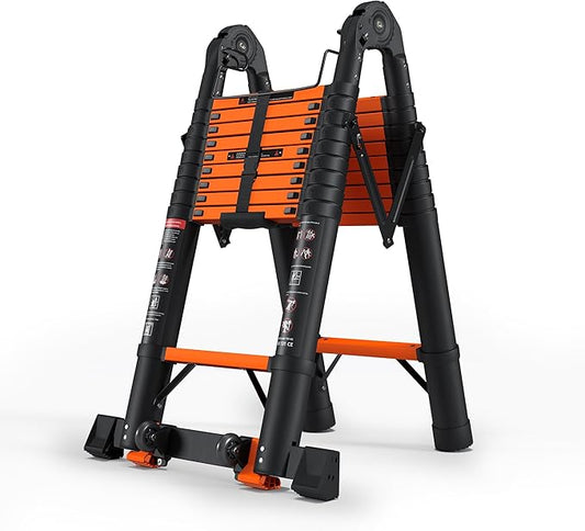 20.3 FT Telescoping A Frame Ladder, 10 Step, ANSI Certified, Type I Heavy Duty, 330lbs Max Capacity, Aluminum Extension Ladder for Home, Roof, RV; Orange