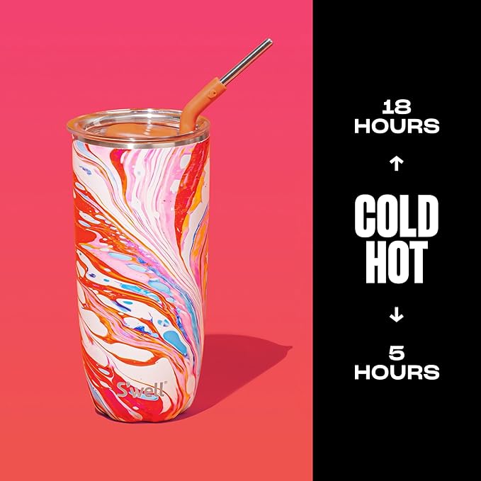 S'well Stainless Steel Tumbler with Straw and Slide-Open Lid, 24oz, Marble Swirl, Triple Layered Vacuum Insulated Containers Keeps Drinks Cold for 18 Hours and Hot for 5, BPA Free