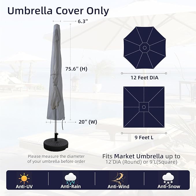 Patio Umbrella Cover,420D Waterproof Outdoor Umbrella Cover Garden Market Parasol Covers (Black, Fits Market Umbrella Up to 12 Feet DIA)
