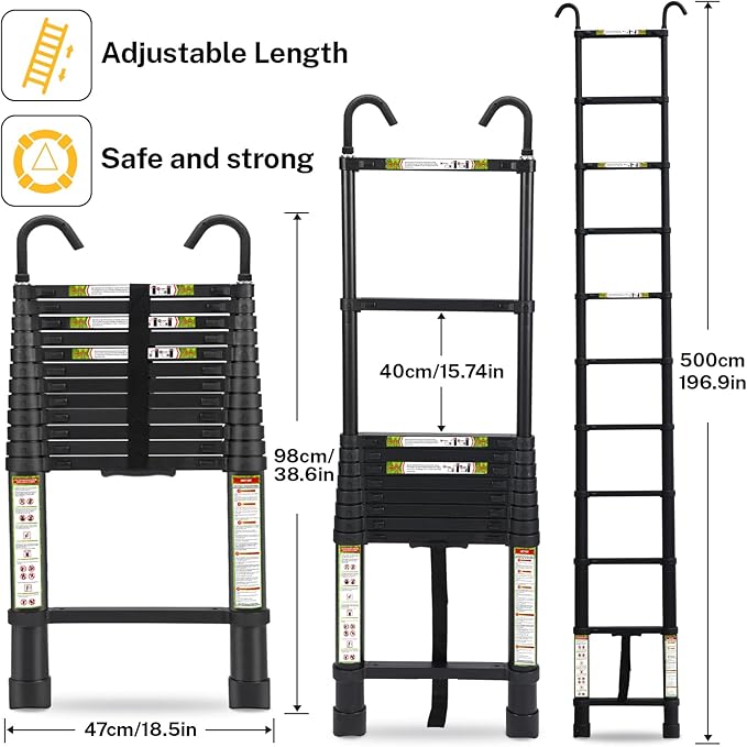 Telescopic Ladder, 16.5FT RIKADE Aluminum Telescoping Ladder with Stable Hook and Non-Slip Feet, Portable Extension Ladder for Household and Outdoor 330lb Capacity