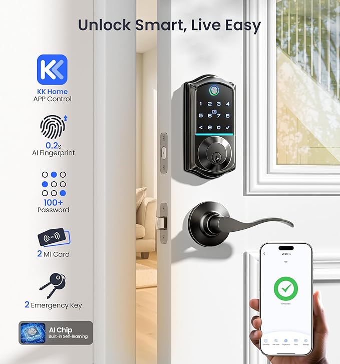 Veise VE017-L Fingerprint Smart Lock with 2 Lever Handles, Keyless Entry Front Door Lock Set, App Control, Electronic Digital Keypad Deadbolt, Easy Installation, Emergency Power Port, Matte Black