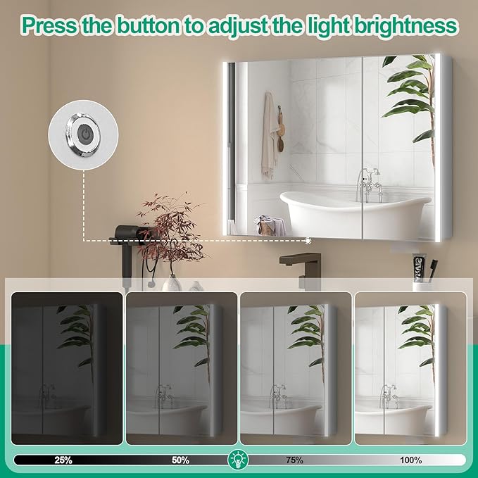 32x24 Inch Medicine Cabinet with LED Light Mirror, Brightneess Adjustable and Full-Assembled Bathroom Aluminum Cabinet with Storage, Surface or Recessed Tempered Cabinet, Farmhouse Sliver
