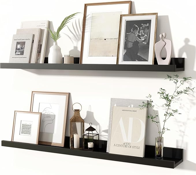 Fun Memories Picture Ledge Shelves Set of 2, 32 Inch Rustic Wall Mounted Floating Shelves with Lip for Home Storage and Décor in Bathroom, Kitchen, Nursery, Bedroom, Living Room, Black