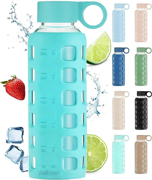 purifyou Premium 40/32 / 22/12 oz Glass Water Bottles with Volume & Times to Drink, Silicone Sleeve & Stainless Steel Lid Insert, Reusable Bottle for Fridge Water, Milk, Juice (12oz Aqua Blue)