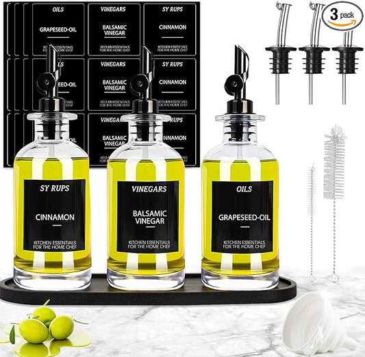 3PCS Olive Oil Dispenser Bottle For Kitchen, Soy Sauce Dispenser, Glass Oil and Vinegar Dispenser Set W. Wooden Tray & Labels & 3 Replacement Spouts, Coffee Syrup Dispenser