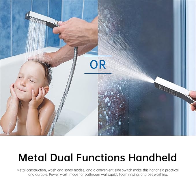 G-Promise All Metal 12 Inches Rain Shower Head with Handheld Built-in Power Wash Mode, 3-way Diverter with Pause Setting, 11 Inches Adjustable Extension Arm with Lock Joint, Long Hose (Chrome)
