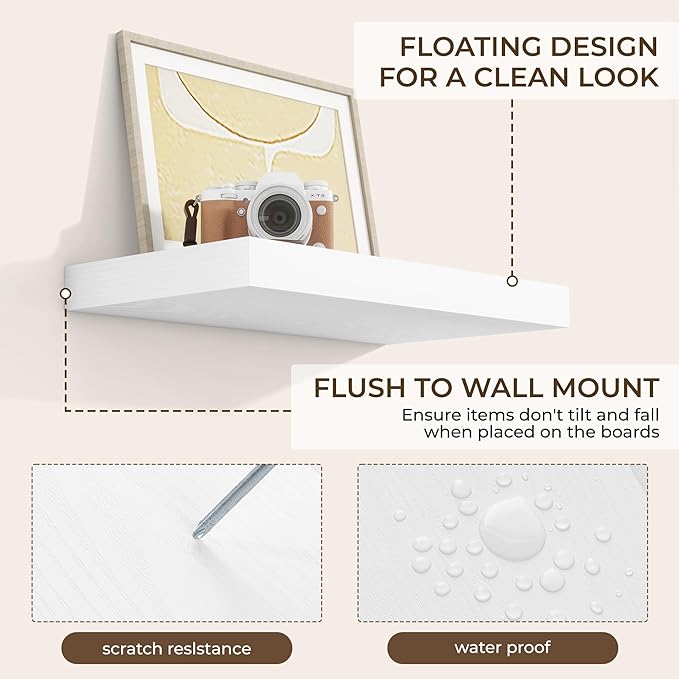 RICHFOCUS 16Inch Floating Shelves for Wall 2 Pack Shelves for Bedroom|Kitchen|Bathroom Wall Mounted Rustic Wood Floating Shelf with Invisible Brackets for Books|Storage|Decor, White