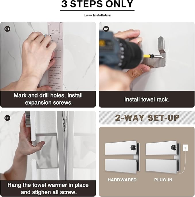 K&KALONZO Electric Towel Warmer, 18.35" W x 14.6" H Wall-Mounted Towel Heater with Built-in Timer, Waterproof Aluminum Towel Warmer for Bathroom, Support Plug-in and Hardwired, Silver, K2-R-S