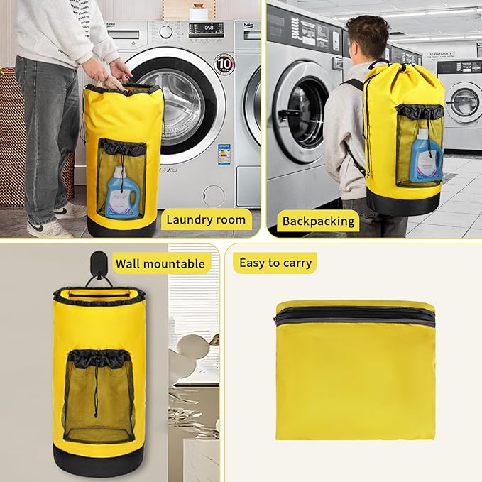 Laundry Bag Backpack with Shoulder Straps and Mesh Pocket Foldable Laundry Hamper for College, Apartment, Laundromat (Yellow)