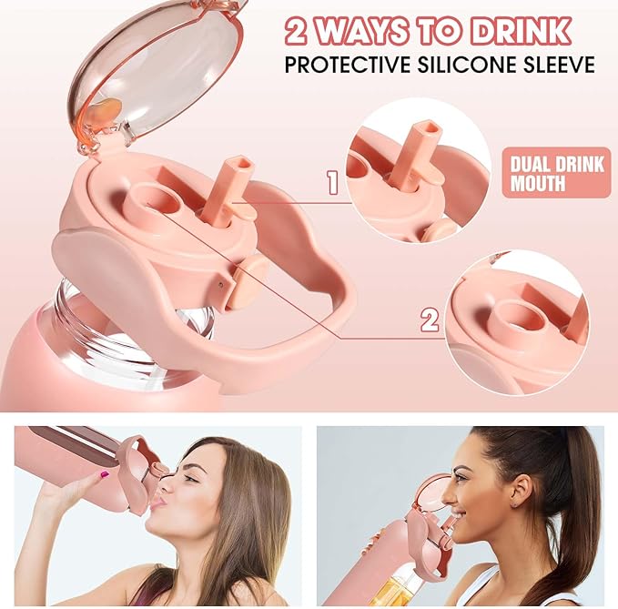 Glass Water Bottles 64 oz - Large Half Gallon Motivational Glass Water Bottle with Time Marker Straw Phone Holder Handle, 64oz Daily Water Intake Jug with Silicone Sleeve for Office Work Gym Pink