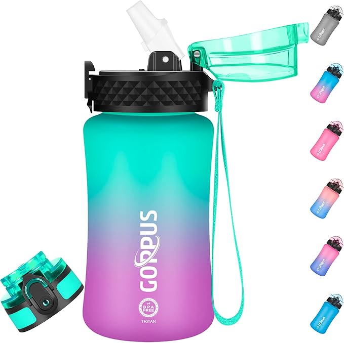 GOPPUS Kids Water Bottle with Straw Spout Lid 10pcs Stickers 12 oz Leak-proof BPA Free Motivational Time Marker Tritan Plastic Water Bottles for Girls Boys School Sports