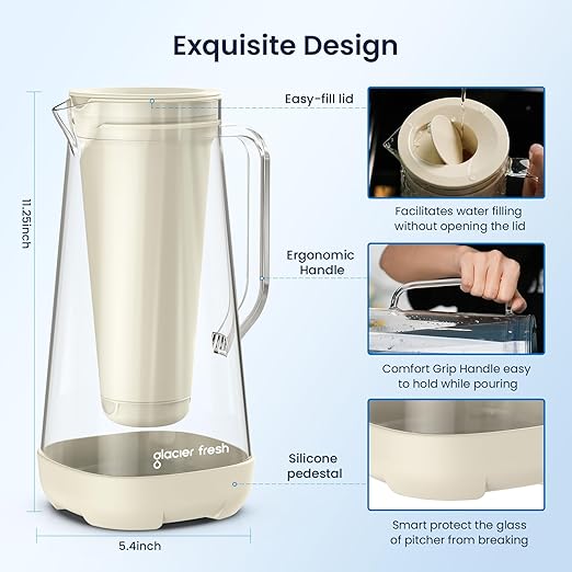 GLACIER FRESH Glass Water Pitcher for Tap and Drinking Water with Membrane and Activated Filter, Reduces Chlorine and Lead Taste, Food Grade and BPA Free Materials, 7-Cup, White