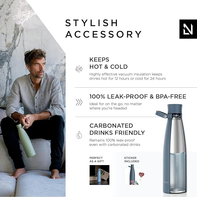 LARS NYSØM Stainless Steel Insulated Water Bottle 25oz 34oz | BPA-free Insulated Thermo Flask for Hot and Cold Beverages | Leakproof Drinking Bottle (Blue Stone, 25oz)