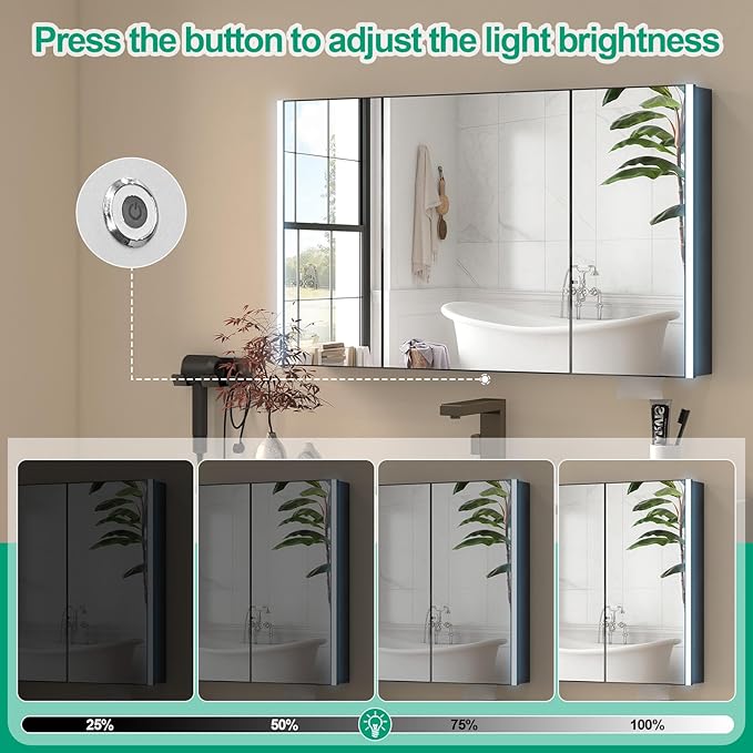 40x28 Inch Medicine Cabinet with Light, AL Alloy Frame, Full-Assembled Bathroom Mirror Cabinet with Brightness Adjustable and Storage, Led Medicine Cabinet Mirrored with Recessed, Black