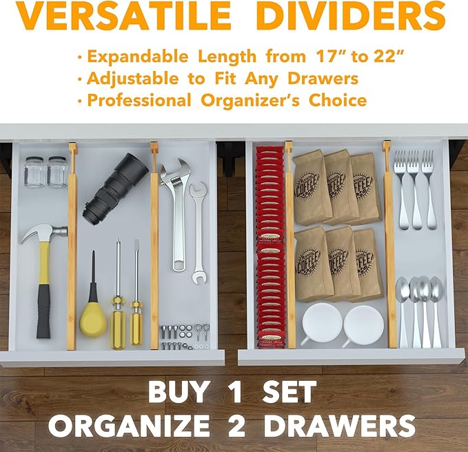 SpaceAid 4 Pack Bamboo Drawer Dividers with Labels, Kitchen Adjustable Drawer Organizers, Expandable Organization for Home Clothes Dressers (17-22 in, Natural)