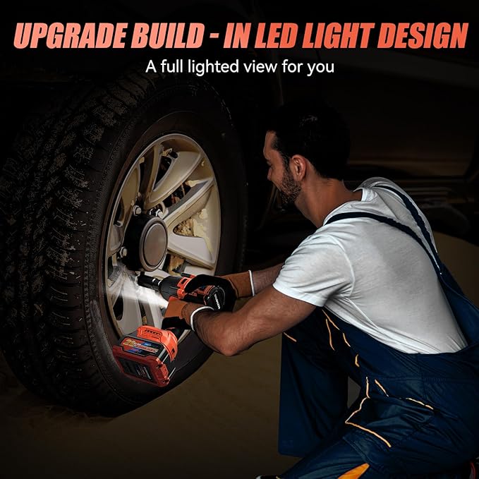 900Ft-lbs (1200N.m) Impact Wrench, 1/2" Cordless Impact Driver, 21V High Torque Power Impact Gun - 2x4.0Ah Batteries, Variable Speeds Brushless Impact Motor for Pickup Truck/Family Car (Orange Red)