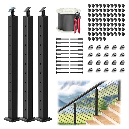 3 Pack 35" Stainless Steel Adjustable Stair Cable Railing Post Kits, 25-35 Degrees Angle Line Post with Grommets for Deck Railing Systems, Indoor & Outdoor Use,MY06-SP