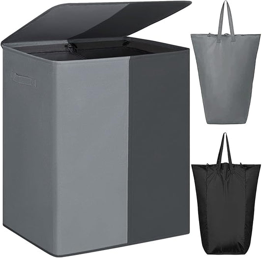 WOWLIVE Double Laundry Baseket with Lid and Removable Laundry Bags,154L Large Laundry Hamper 2 Section Collapsible Dirty Clothes Hamper for Laundry Room,College Dorm,Bathroom, Black and Grey