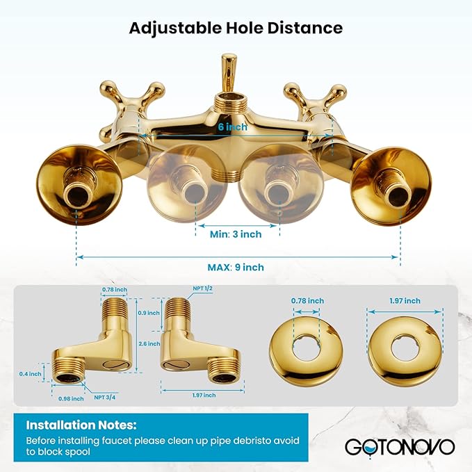 gotonovo Clawfoot Bathtub Faucet Tub Filler with Hand Held Shower Faucet Set Victorian Double Cross Handle 6 Inch Center Adjustable Swing Arms Tub Mount Short Adapter Polished Gold