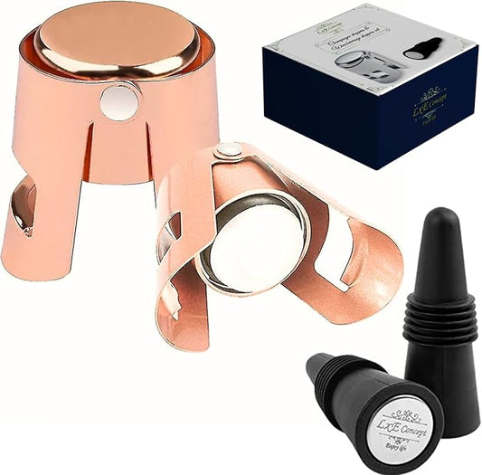 Champagne Stoppers for Sparkling Bottle Sealing - Saver Accessories Toppers for Wine Napa Moet Bottega - Cone-shaped wine stoppers and Dual-sided Stainless Steel Cover Bottles Set (Pink 2 & 2)