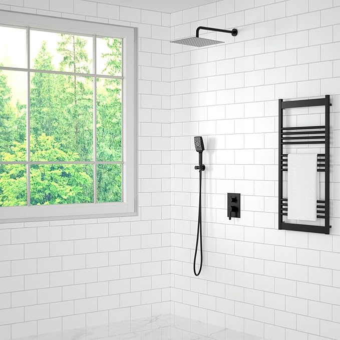 Shower Faucet Set Wall Mounted Shower head with Handheld Comb Rain System 6 Function Pressure Balance - Stainless Steel Bathroom Shower Kit Complete 12 Inch Matte Black(With Valve)