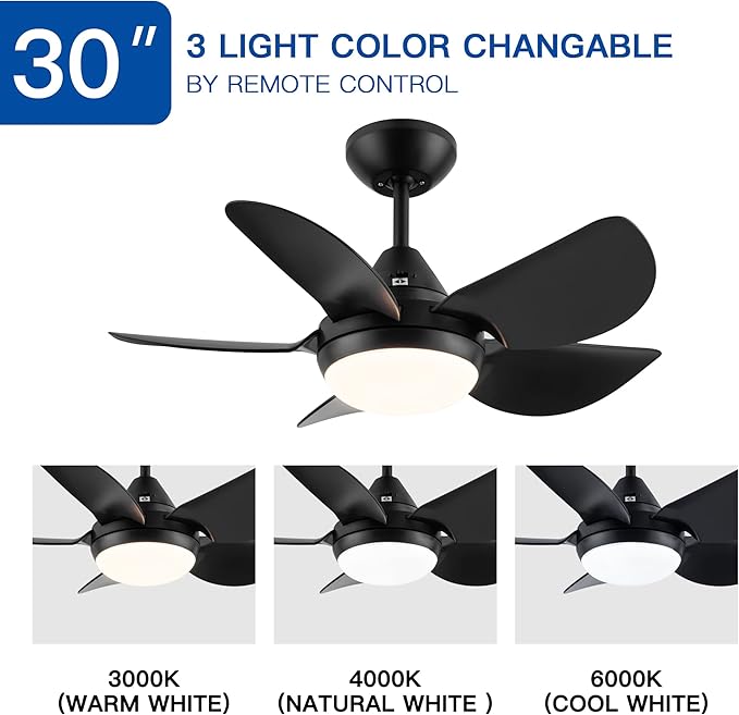 NicBex Ceiling Fan 30 Inch Indoor Modern Ceiling Fans with Integrated LED Light and Remote Control Down Rod Mount Ceiling Fan with 5 Blades for Living Room, Bedroom, Black