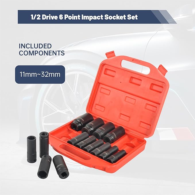 1/2" Drive 6 Point Deep Impact Socket Set 14 Pieces impact sockets set Metric Standard Impact Socket Set,CR-V,11mm to 32mm