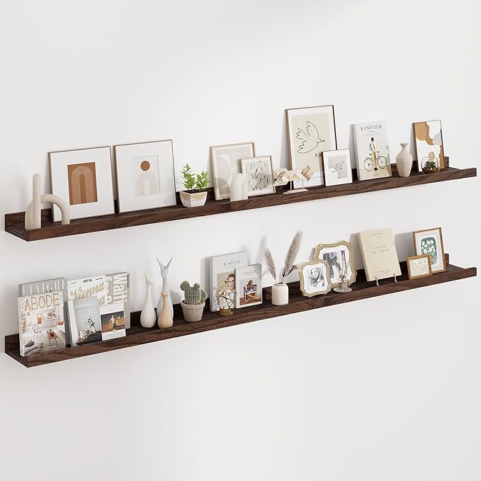 Floating Picture Ledge Shelves 72 Inch Solid Oak Wood Set of 2, Rustic Wall Storage Shelves with Lip, Kids Bookshelf, Photo & Picture Ledge Shelves for Bedroom, Living Room, Kitchen