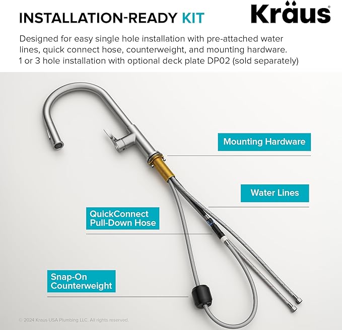 KRAUS Torak Pull Down Kitchen Faucet in Matte Black with 2 Function Sprayer, Pre-Attached Water Lines, and Mounting Hardware, KPF-2840MB