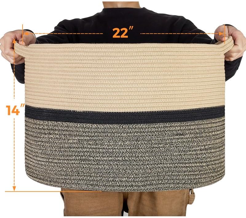 Ravinte Large Storage - 22"x 22"x 14" Blanket Basket for Living Room, Baby Toy Storage, Cotton Rope Woven Laundry Basket (Brown-Black-Light Black)