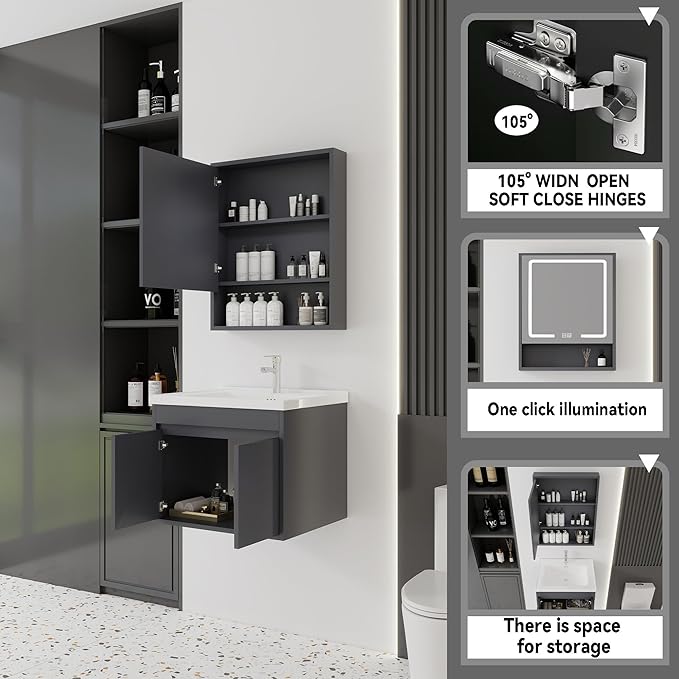 24'' Bathroom Vanity with Ceramic Sink Combo and Medicine Cabinet Mirror with Led Light/Defog, Wall Mounted Small Bathroom Vanity with Soft-Close Door Modern Floating Cabinet, Gray(No Faucet)