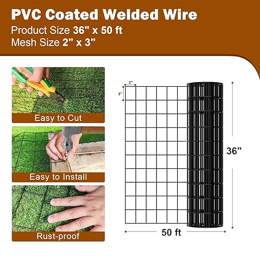 Black Chicken Wire Fencing 16 Gauge, PVC Coated Welded Mesh Fence 2" x 3" Gap, for Vegetable Garden, Yard, Little Animal Protection, Baby Care, and Pet Enclosures DIY Projects 36" x 50 ft