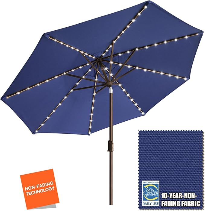 EliteShade USA 10-Year-Non-Fading Solar 9ft Market Umbrella with 80 LED Lights Patio Umbrellas Outdoor Table Umbrella with Ventilation, Navy Blue