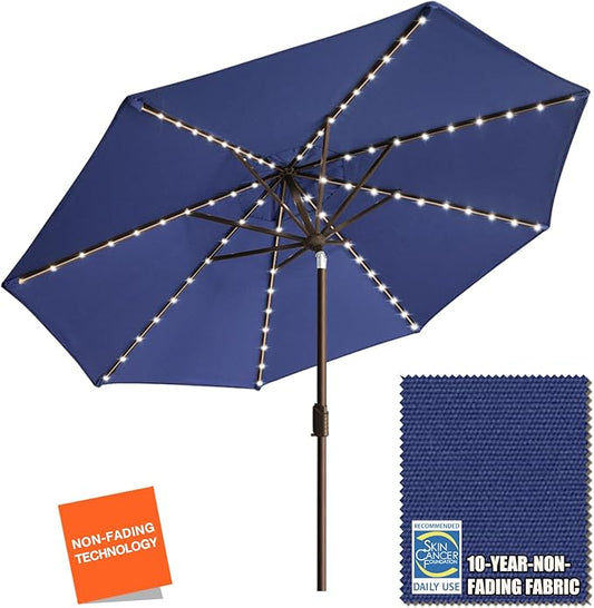 EliteShade USA 10-Year-Non-Fading Solar 9ft Market Umbrella with 80 LED Lights Patio Umbrellas Outdoor Table Umbrella with Ventilation, Navy Blue