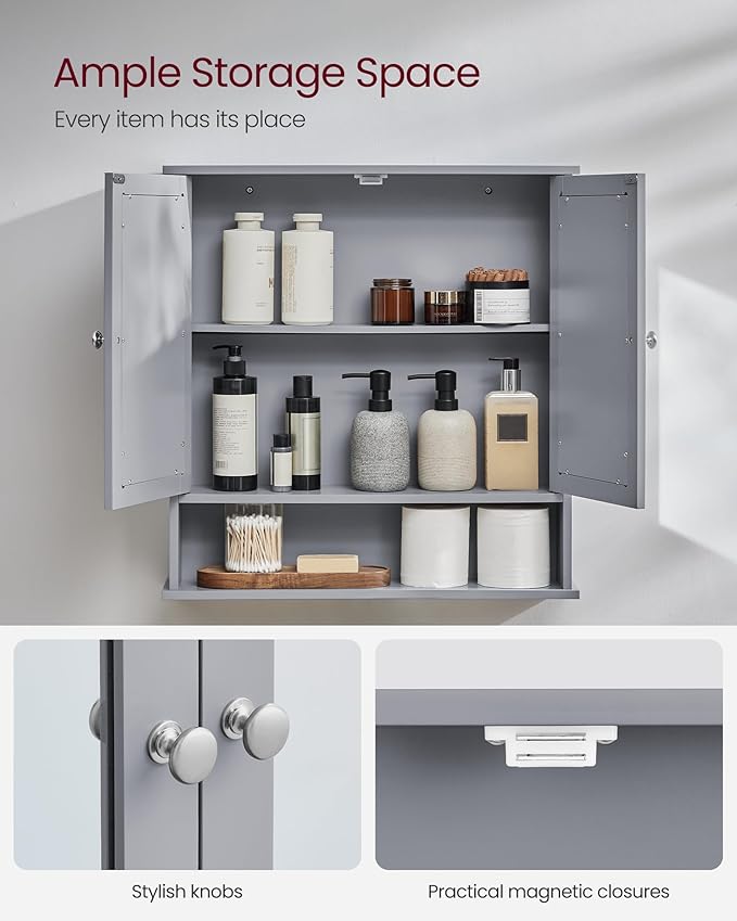 VASAGLE Bathroom Cabinet with Mirror, Wall Cabinet with 2 Mirrored Doors, Adjustable Shelf, Open Compartment, Wall-Mounted, 5.1 x 22.2 x 23 Inches, Dove Gray ULHC002G02