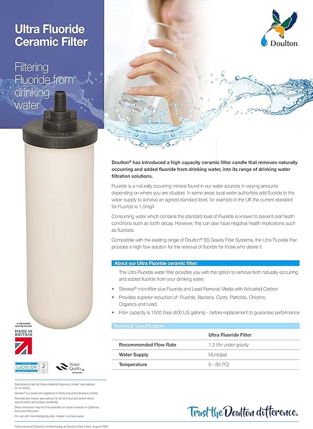 British Berkefeld Doulton W9120133 Ultra Fluoride Ceramic Drinking Water Filter Candle Cartridge