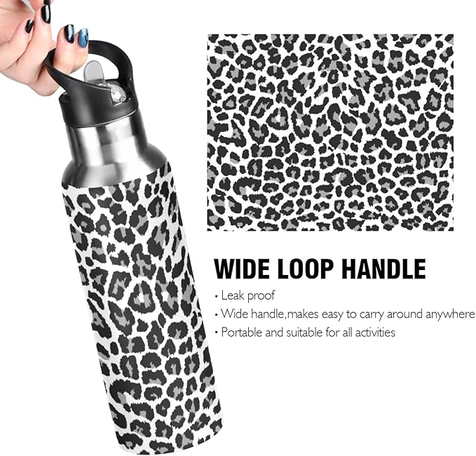 Qilmy Black and White Leopard Water Bottle Vacuum Insulated Stainless Steel Water Bottles with Straw Lid Leakproof Wide Mouth Water Flask for Fitness Outdoor Sports, 20 oz