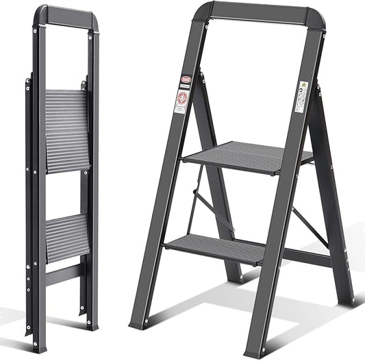 KINGRACK Step Ladder, 2 Steps, Folding Step Ladder with Handrail, Non-Slip Household Ladder with Folding Safety, Aluminium Step Stool, Maximum Load 150 kg, Black