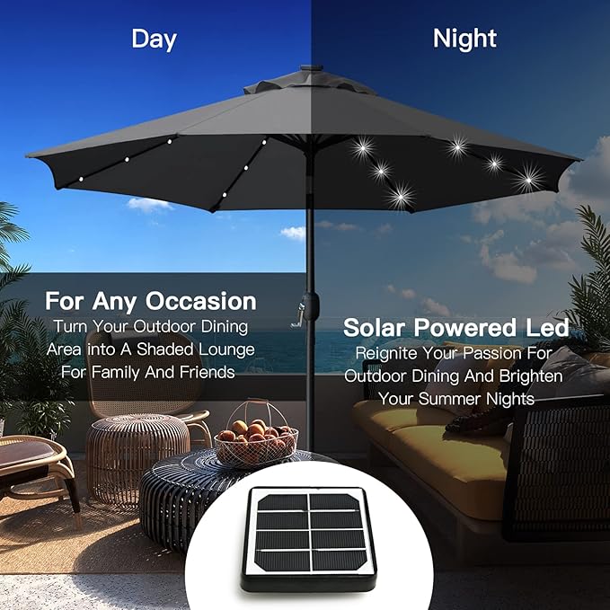 Sunnyglade 9' Solar LED Lighted Umbrella with 8 Ribs Adjustment and Crank Lift System for Patio (Grey)