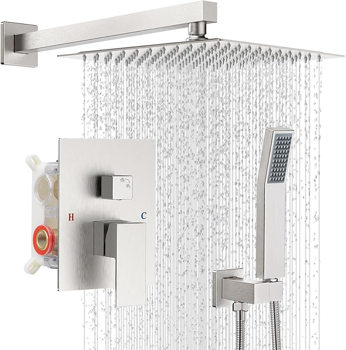 Shower Faucet Set with Shower Head, Wall Mount 10 Inch Round Rainfall Shower Head and Handle Set Single Handle Shower System Set with Female Threads Valve Body and Trim Included(Brush Nickel)