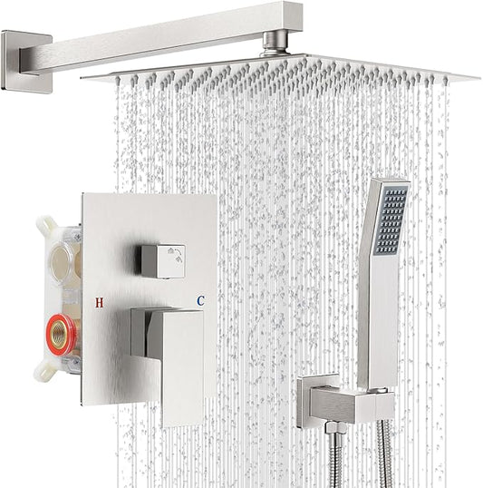 Shower Faucet Set with Shower Head, Wall Mount 10 Inch Round Rainfall Shower Head and Handle Set Single Handle Shower System Set with Female Threads Valve Body and Trim Included(Brush Nickel)