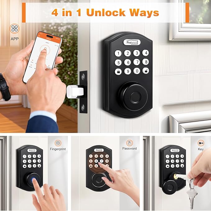 Probrico Fingerprint Smart Door Lock, Electronic Keypad Deadbolt Lock, Keyless Entry Smart Deadbolt Lock for Front Door, APP Control, Auto Lock, Black