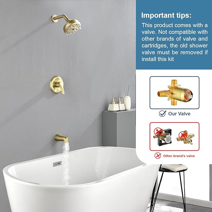 Shower Tub Kit Tub Shower Faucet Combo Set Bathtub Faucet Set Shower System with Tub Spout Shower Valve and Trim Kit Shower Fixtures Brushed Gold