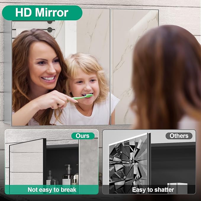 36 x 24 Farmhouse Medicine Cabinet, Tempered Frameless Bathroom Mirror with Storage, Black Recessed or Surface Mount Aluminum Medicine Cabinet for Bathroom Modern