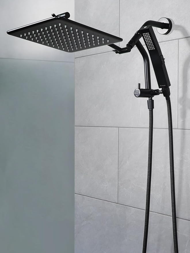 G-Promise All Metal 10 Inches Rain Shower Head with Handheld Built-in Power Wash Mode, 3-way Diverter with Pause Setting, 11 Inches Adjustable Extension Arm with Lock Joint, Long Hose (Matte Black)