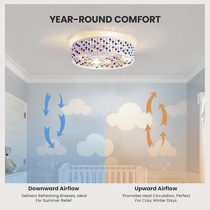 Moooni Colorful Wood Beaded Ceiling Fan with Light 19 inch Boho Wood Beaded Fandelier 6 Speed Flush Mount Ceiling Fan with Light Boho Fandelier